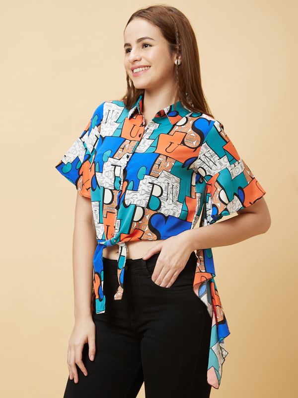 Globus Women Blue Graphic Print Waist Tie-Up Crop Shirt Style Top