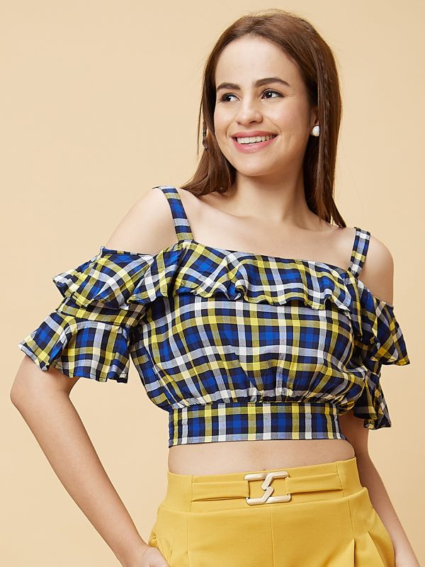 Globus Women Blue Checked Ruffles Cold Shoulder Casual Crop Top