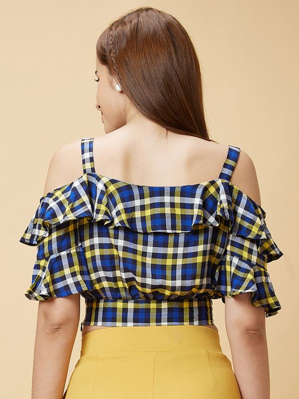 Globus Women Blue Checked Ruffles Cold Shoulder Casual Crop Top