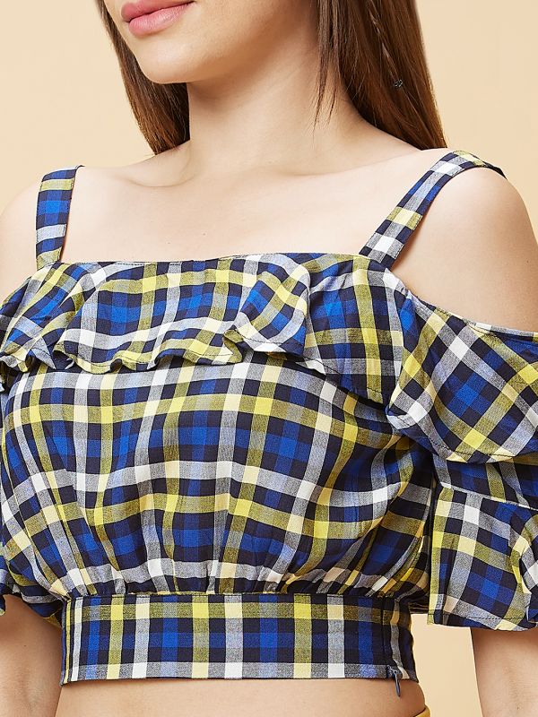 Globus Women Blue Checked Ruffles Cold Shoulder Casual Crop Top