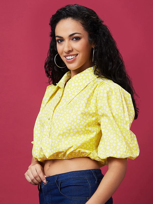 Globus Women Yellow Floral Print Shirt Collar Crop Top