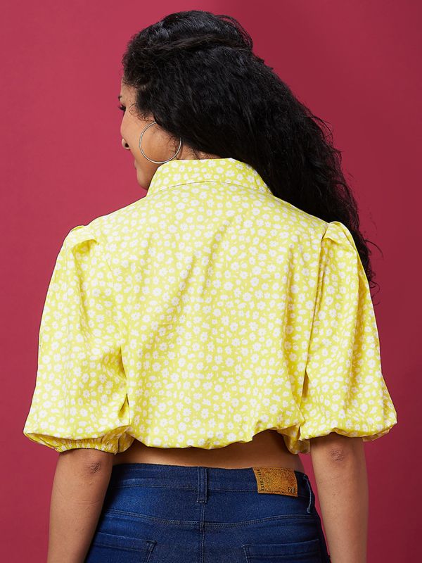 Globus Women Yellow Floral Print Shirt Collar Crop Top