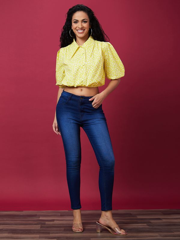 Globus Women Yellow Floral Print Shirt Collar Crop Top