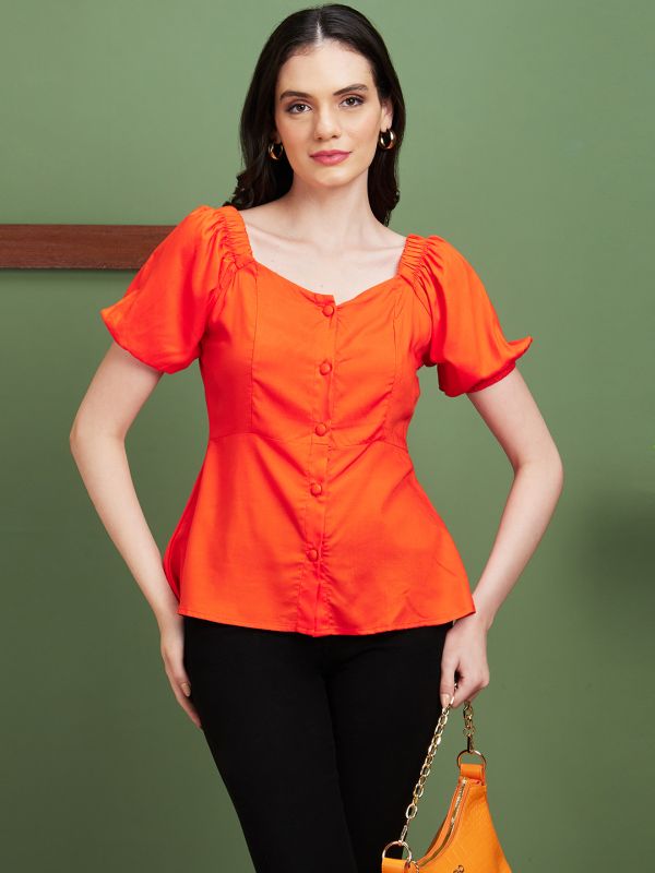 Globus Women Orange Solid Sweetheart Neck Casual Top