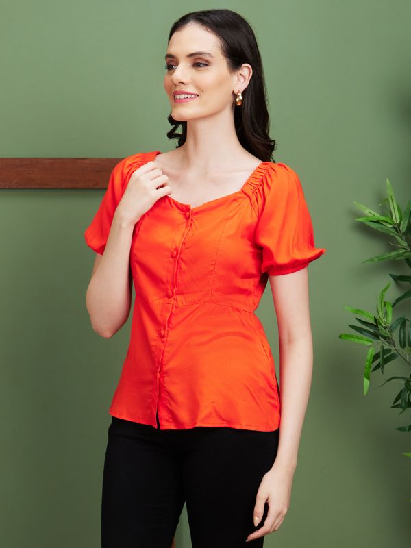 Globus Women Orange Solid Sweetheart Neck Casual Top