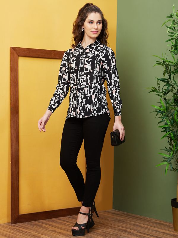 Globus Women Multi Black Abstract Print Cuffed Sleeves Shirt Style Top