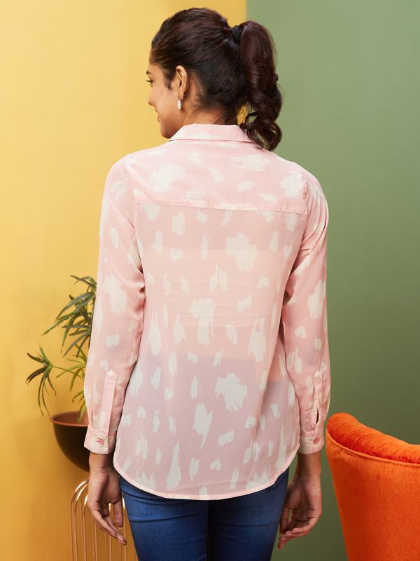 Globus Women Pink Printed Casual Shirt Collar Shirt Style Top