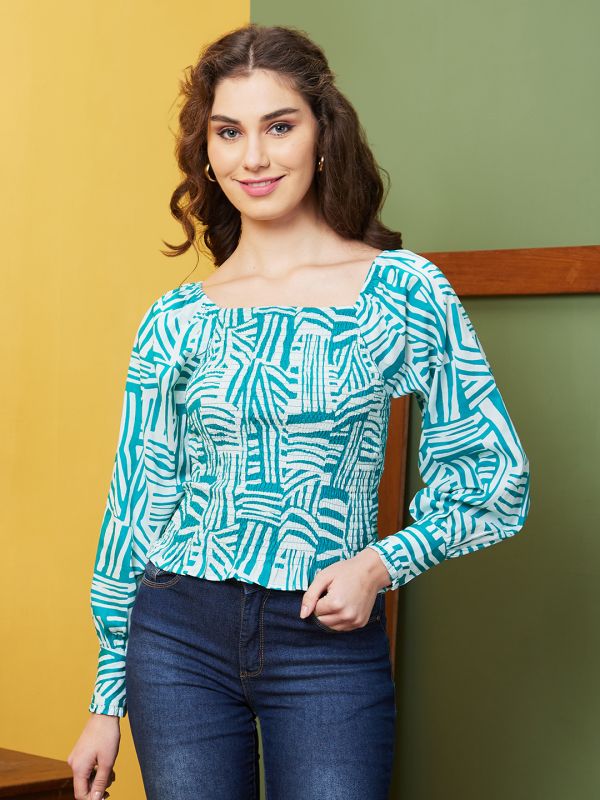 Globus Women Green Printed Casual Square Neck Top