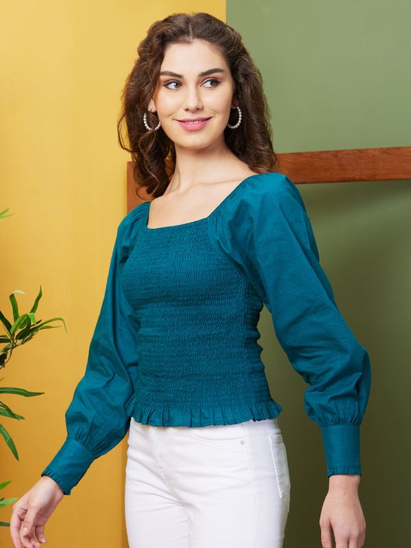 Globus Women Green Solid Casual Square Neck Top