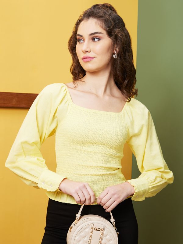 Globus Women Yellow Solid Casual Square Neck Top