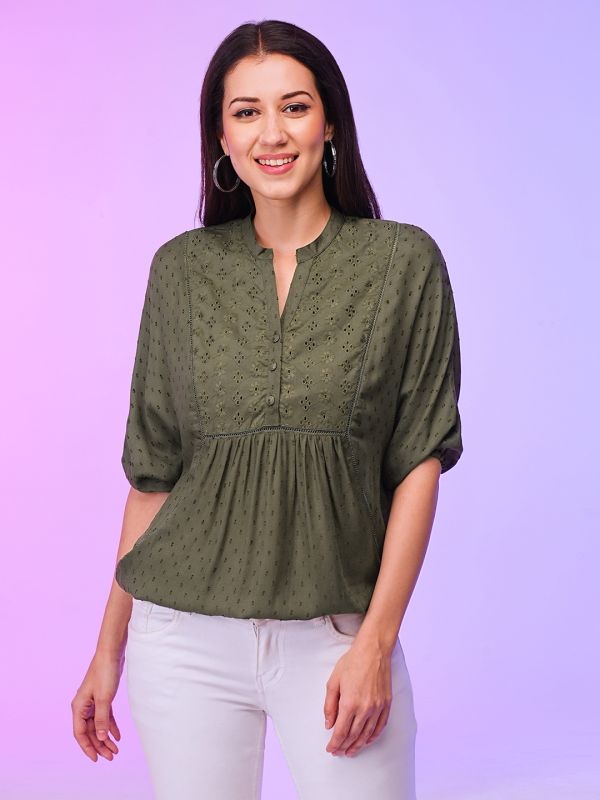 Globus Women Olive Batwing Sleeve Schiffli Summer Top