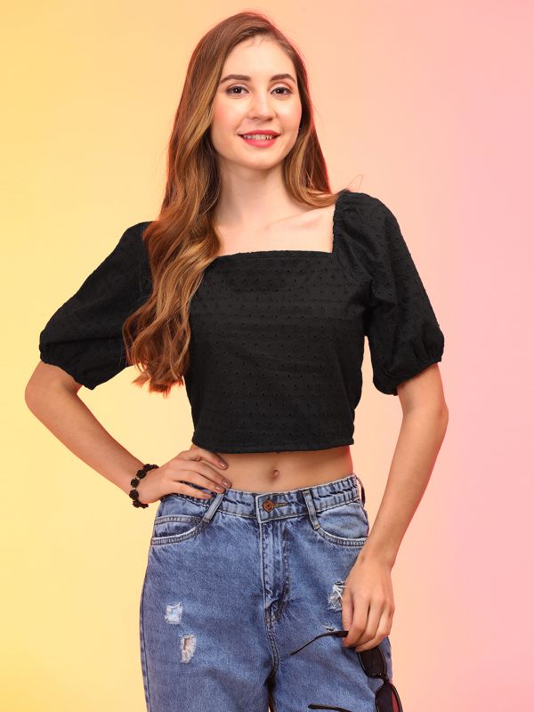 Globus Women Black Schiffli Puff Sleeve Crop Top