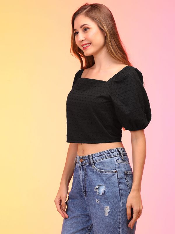 Globus Women Black Schiffli Puff Sleeve Crop Top