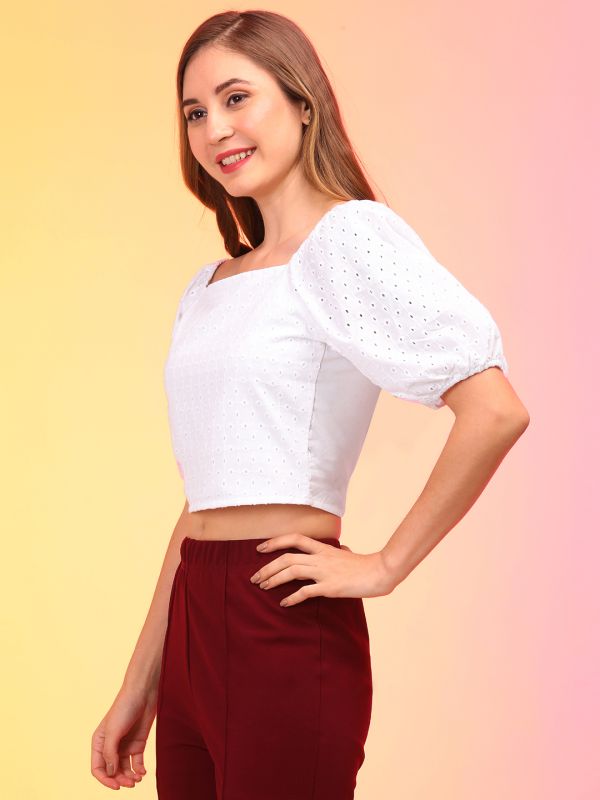 Globus Women White Schiffli Puff Sleeve Crop Top