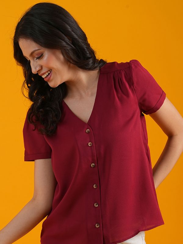 Globus Women Red V-Neck Short Puff Sleeves Workwear Shirt Style Top