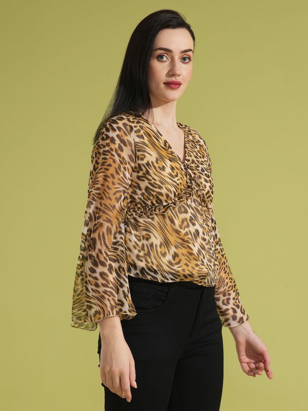 Globus Women Multi Animal Print V-Neck Bell Sleeves Gathered Semi Sheer Workwear Top