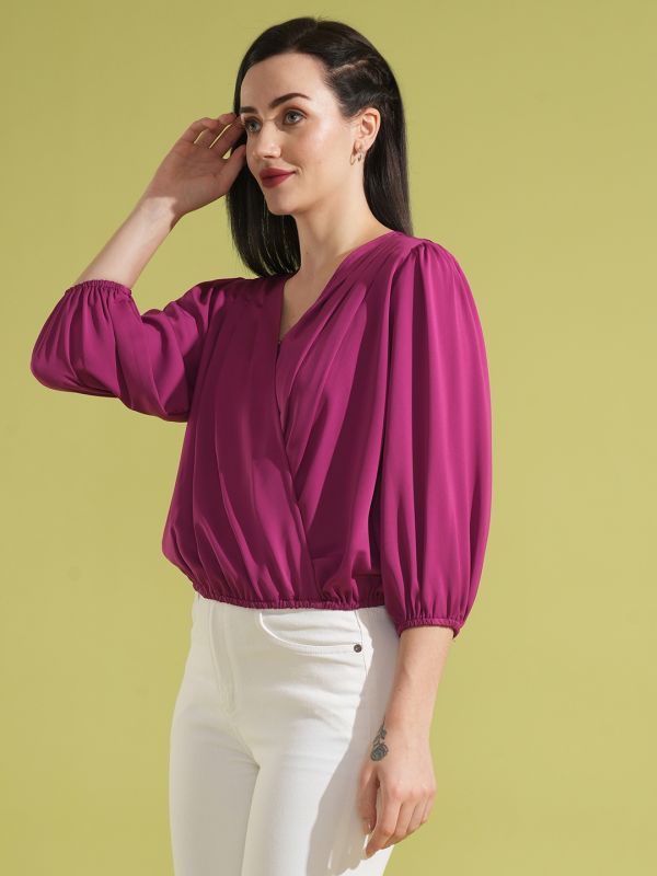 Globus Women Magenta V-Neck Puff Sleeves Pleated Detail Workwear Wrap Top