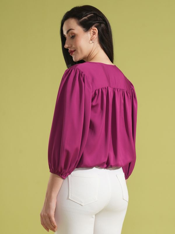 Globus Women Magenta V-Neck Puff Sleeves Pleated Detail Workwear Wrap Top