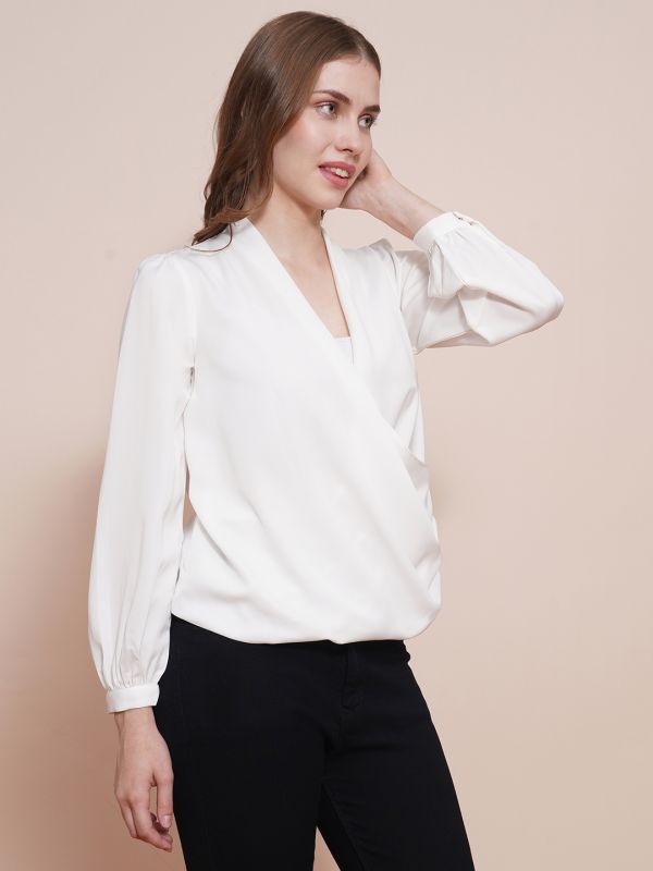 Globus Women White Solid Wrap Neck Cuffed Sleeves Gathered Waist Satin Workwear Top