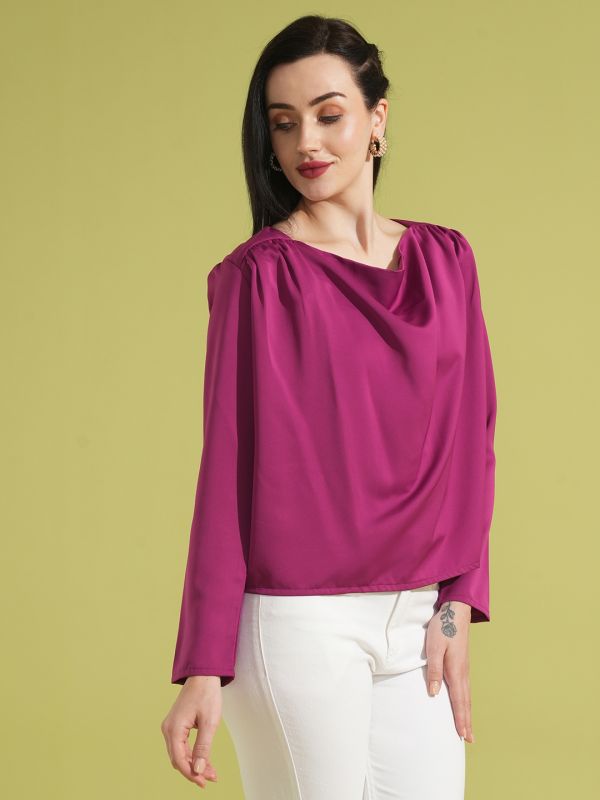 Globus Women Magenta Solid Cowl Neck Long Sleeves Gathered Detail Party Top