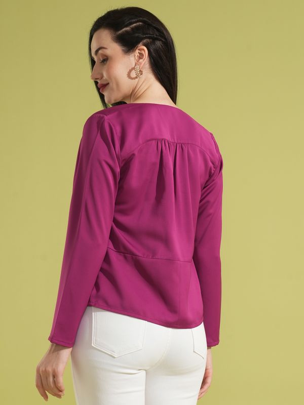 Globus Women Magenta Solid Cowl Neck Long Sleeves Gathered Detail Party Top