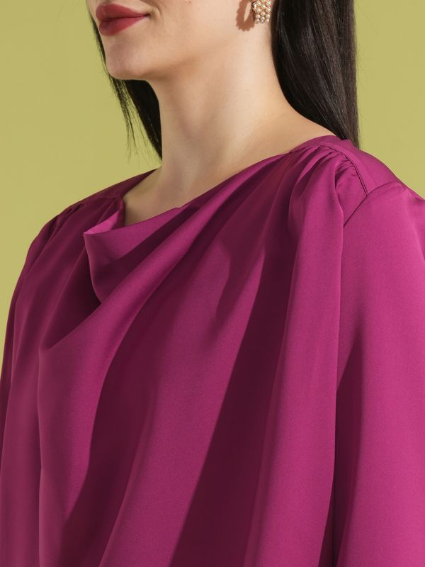 Globus Women Magenta Solid Cowl Neck Long Sleeves Gathered Detail Party Top