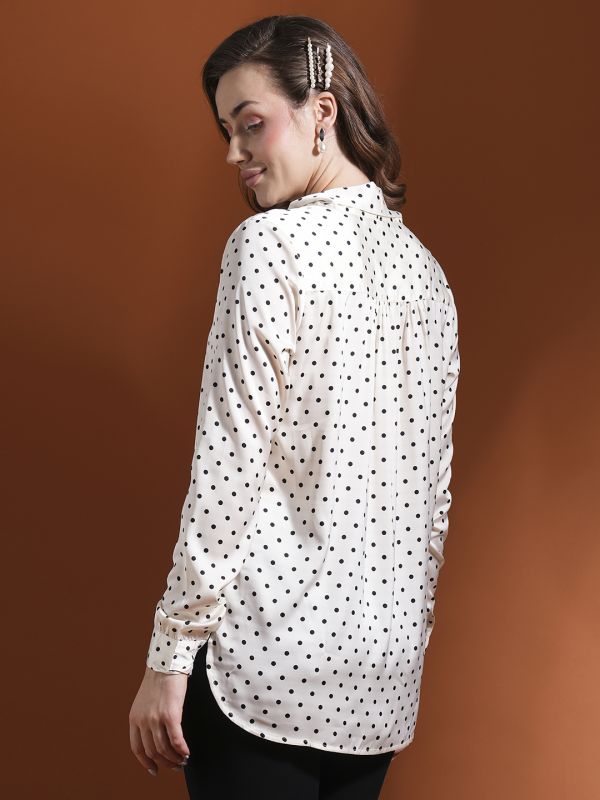 Globus Women White Polka Dots Tie-Up Neck Cuffed Sleeves Stain Work Wear Top