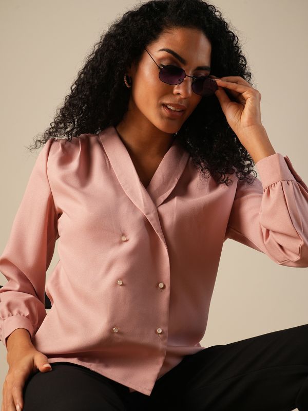 Globus Women Pink Shawl Lapel Cuffed Sleeves Double Breasted Workwear Blazer Shirt