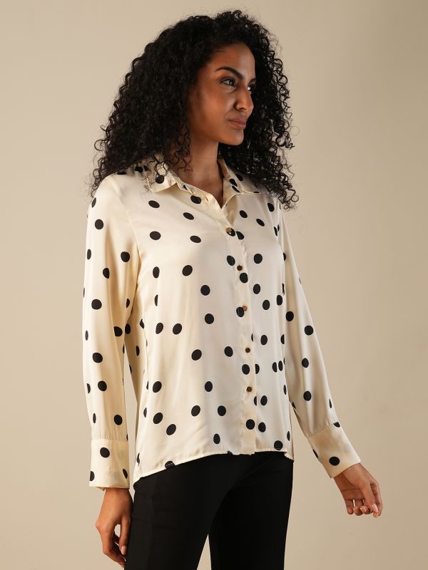 Globus Women White Cuffed Sleeves Polka Dots Satin Workwear Shirt