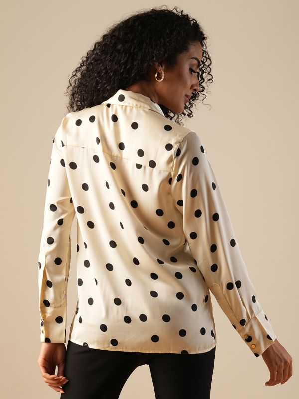 Globus Women White Cuffed Sleeves Polka Dots Satin Workwear Shirt