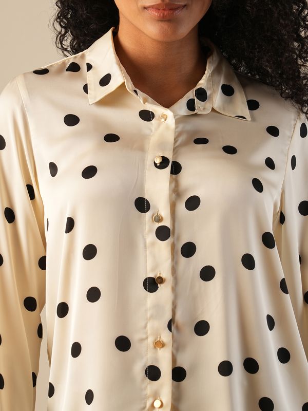 Globus Women White Cuffed Sleeves Polka Dots Satin Workwear Shirt