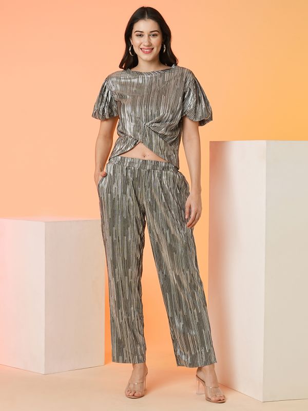 Globus Women Silver Striped Top & Trouser Co-Ord Set