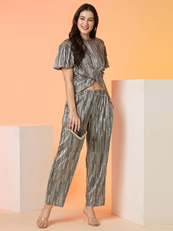 Globus Women Silver Striped Top & Trouser Co-Ord Set