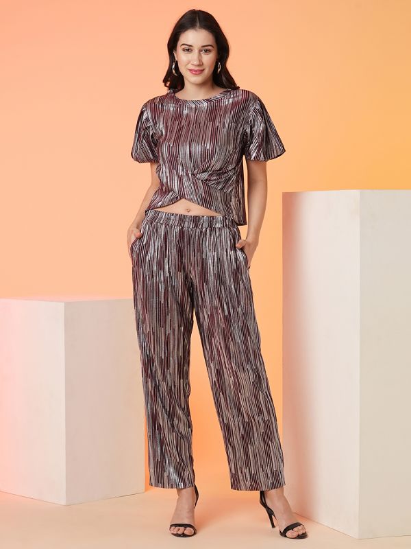 Globus Women Maroon Striped Top & Trouser Co-Ord Set