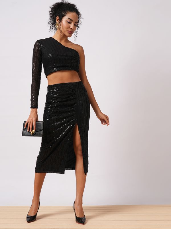 Globus Women Black Embellished One Shoulder Crop Top With Ruched Side Slit Midi Skirt Party Co-Ord Set