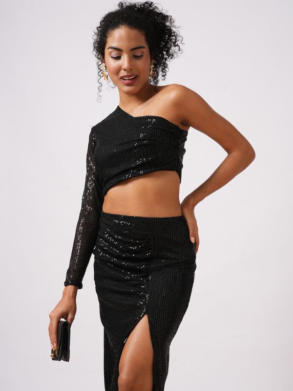 Globus Women Black Embellished One Shoulder Crop Top With Ruched Side Slit Midi Skirt Party Co-Ord Set