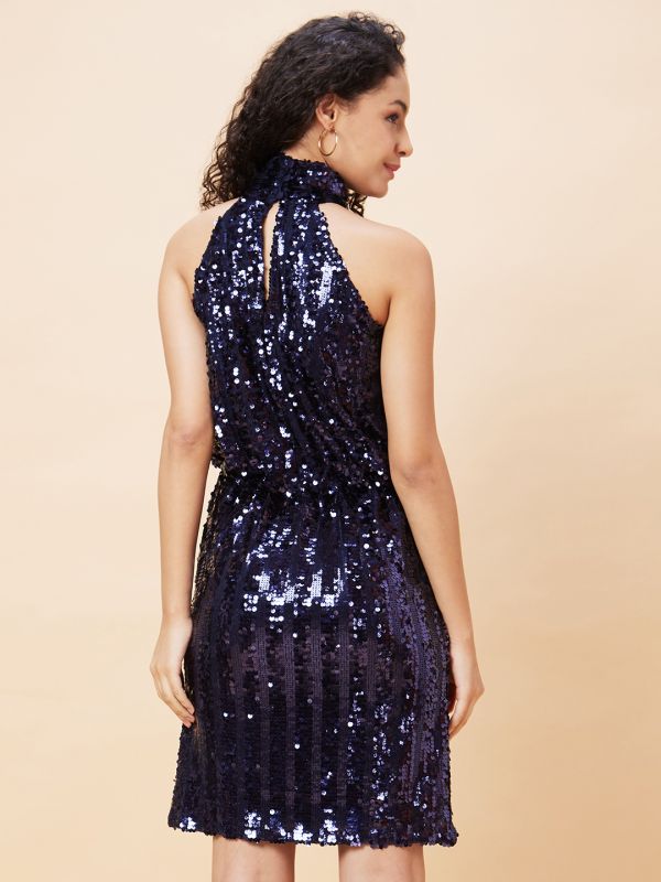 Globus Women Navy Embellished Halter Neck Sleeveless Sequined Party Bodycon Dress