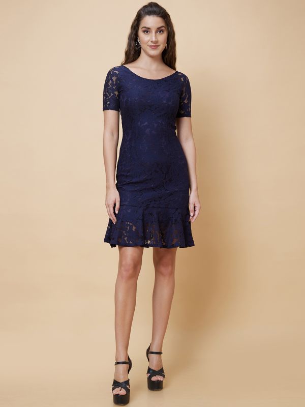 Globus Women Navy Self Design Round Neck Lace Party Bodycon Dress