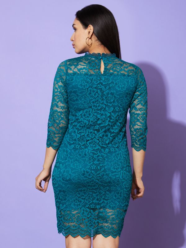 Globus Women Bottle Green Mock Neck Floral Lace Panelled Bodycon Party Dress