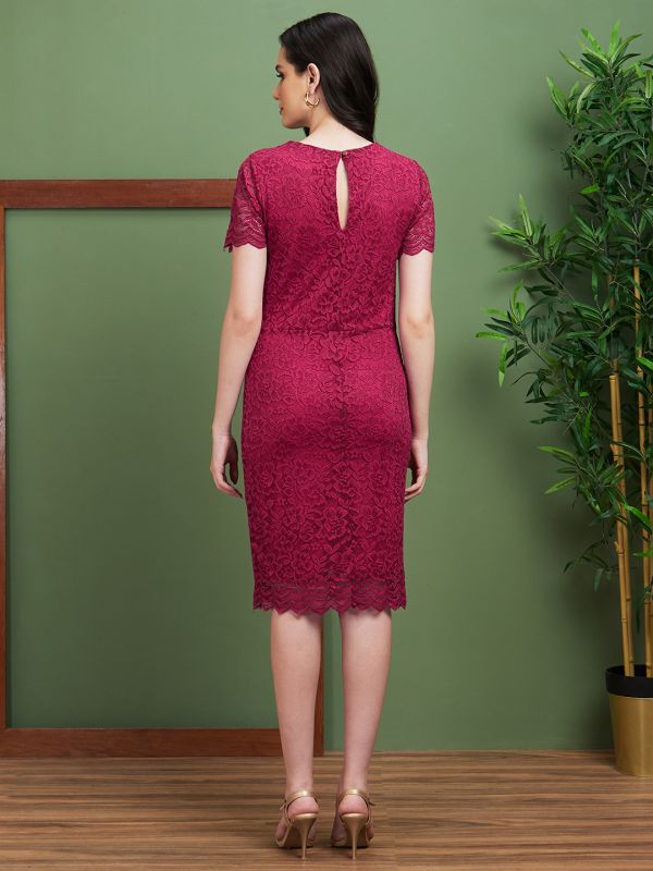 Globus Women Wine V-Neck Opaque Floral Lace Bodycon Party Dress