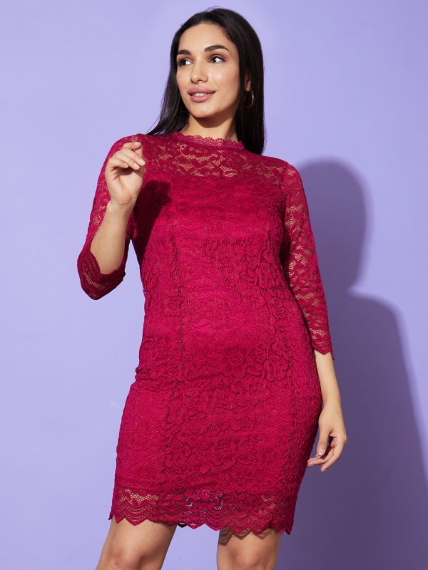 Globus Women Wine Mock Neck Floral Lace Panelled Bodycon Party Dress