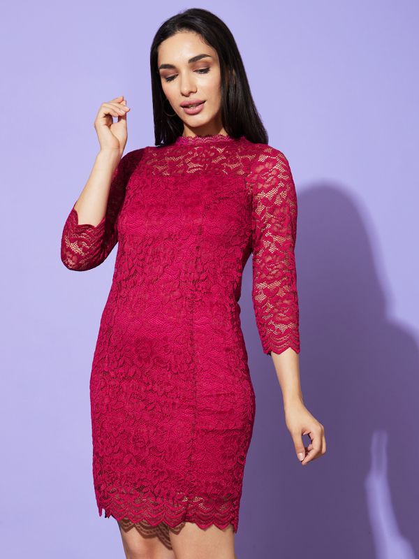 Globus Women Wine Mock Neck Floral Lace Panelled Bodycon Party Dress