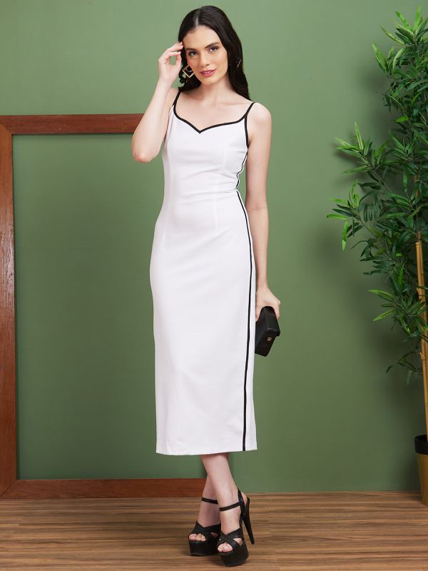 Globus Women White Solid Polyester Sweetheart Neck Slim Fit Bodycon Strappy Maxi Party Dress