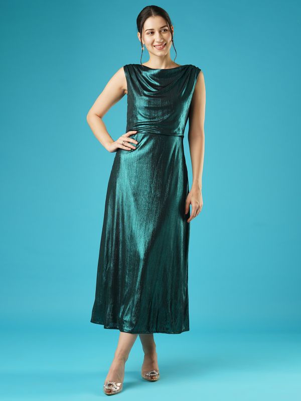 Globus Women Teal Shiny Cowl Neck Side Slit Knitted A-Line Midi Party Dress