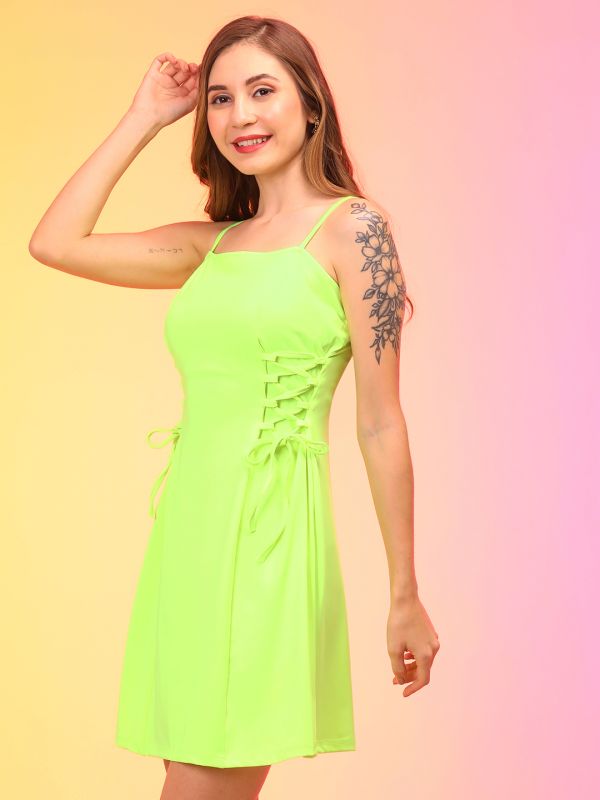 Globus Women Neon Green Strappy Shoulder Waist Tie-Up Party Dress