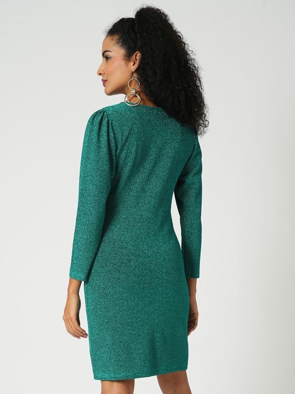 Globus Women Green Round Neck Puff Sleeves Shimmer Mini Bodycon Party Dress