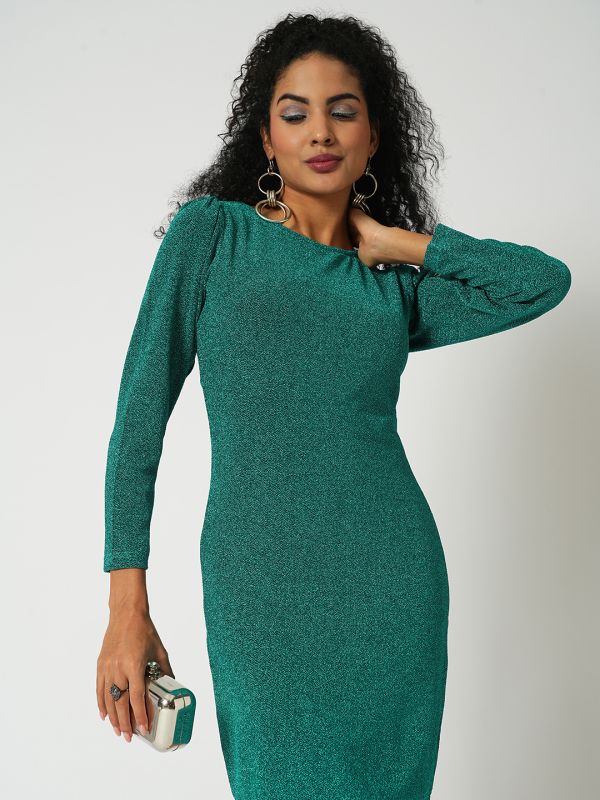 Globus Women Green Round Neck Puff Sleeves Shimmer Mini Bodycon Party Dress