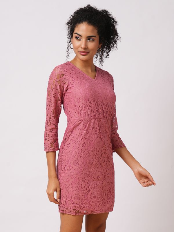 Globus Women Pink V-Neck Floral Lace Sheath Mini Party Dress