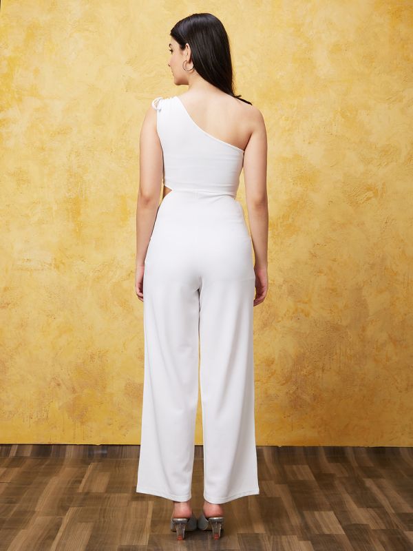 Globus Women White Solid One Shoulder Basic Jumpsuit