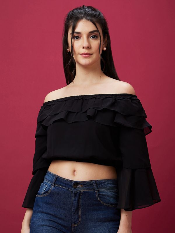 Globus Women Black Solid Off Shoulder Ruffled Flared Sleeve Crop Party Top